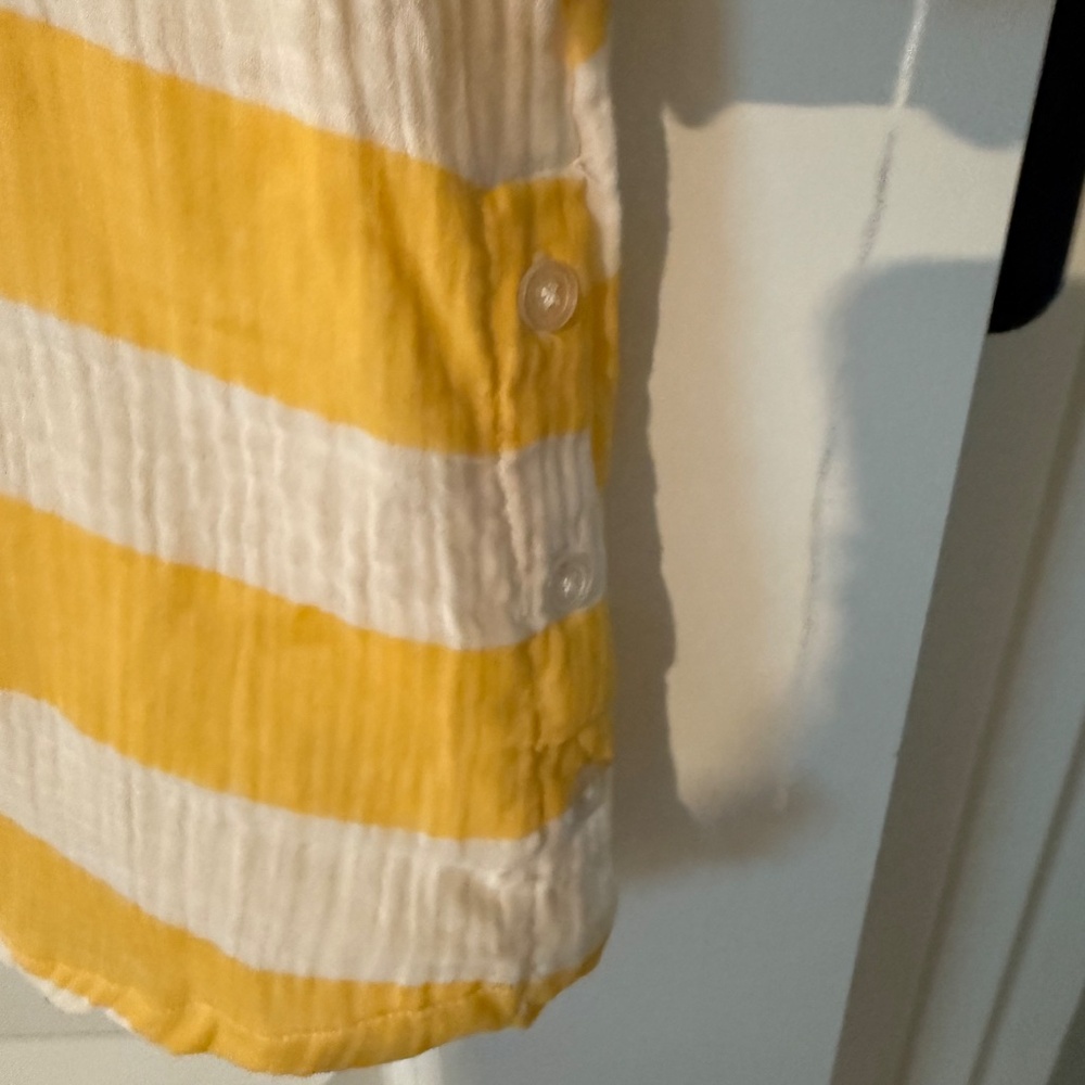 Kaktus Yellow & White Striped Roll Tab Sleeve Top Sz Med. - Picture 5 of 7